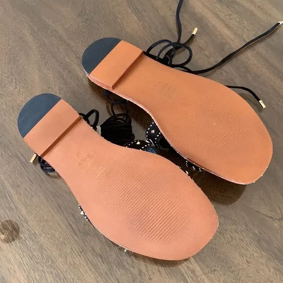 NWOT Maje Black Leather Studded Laceup Flat Sandals
