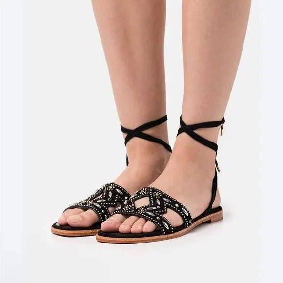 NWOT Maje Black Leather Studded Laceup Flat Sandals