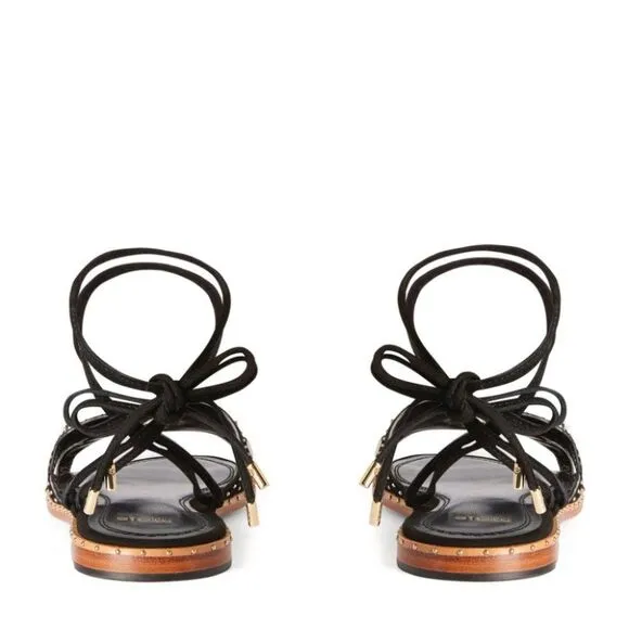 NWOT Maje Black Leather Studded Laceup Flat Sandals
