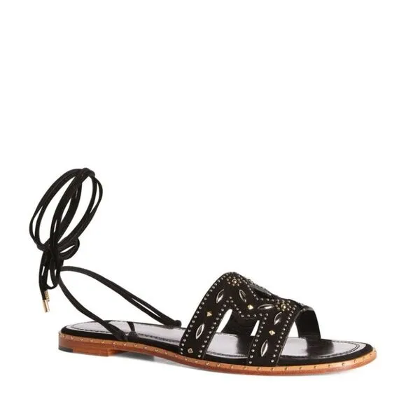 NWOT Maje Black Leather Studded Laceup Flat Sandals