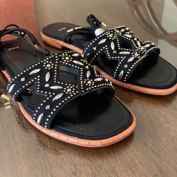 NWOT Maje Black Leather Studded Laceup Flat Sandals