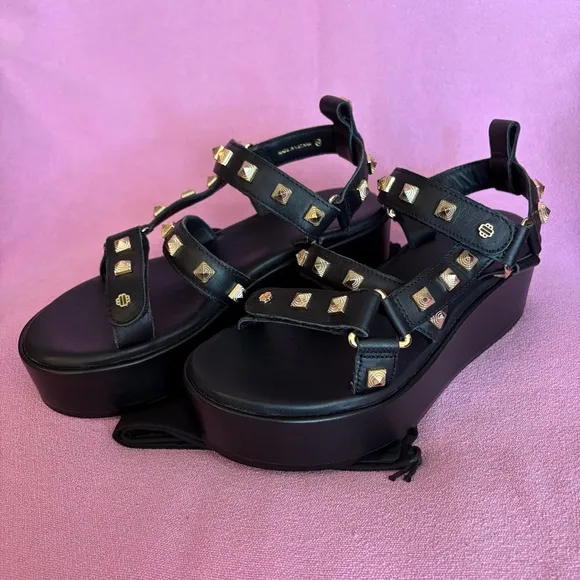 NWOT Maje gold studded black leather platform sandals size FR38/EU37 MSRP $550