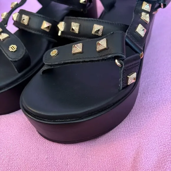 NWOT Maje gold studded black leather platform sandals size FR38/EU37 MSRP $550