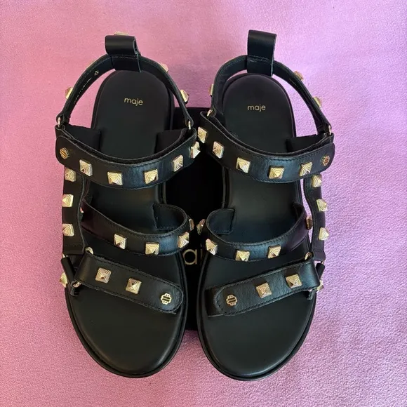 NWOT Maje gold studded black leather platform sandals size FR38/EU37 MSRP $550
