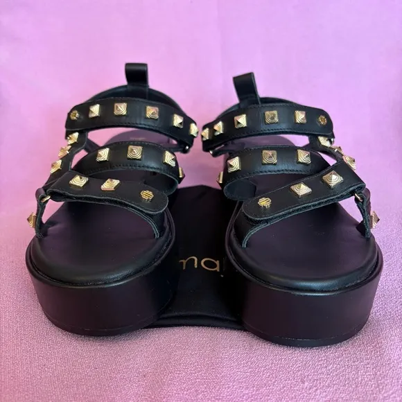 NWOT Maje gold studded black leather platform sandals size FR38/EU37 MSRP $550