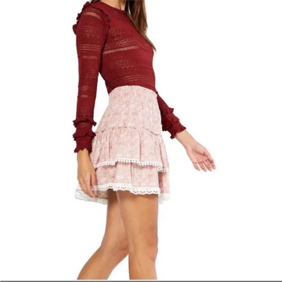 NWOT. Misa skirt. Floral Pink Skirt with Lace Trim