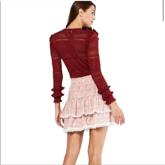 NWOT. Misa skirt. Floral Pink Skirt with Lace Trim