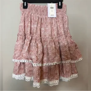 NWOT. Misa skirt. Floral Pink Skirt with Lace Trim