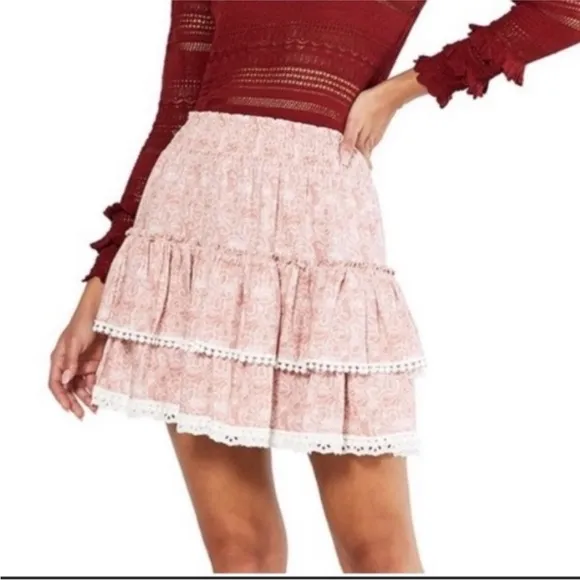 NWOT. Misa skirt. Floral Pink Skirt with Lace Trim