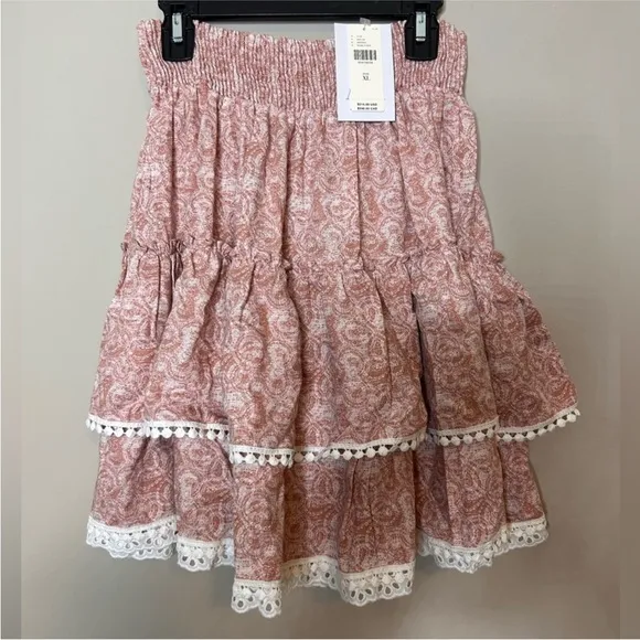 NWOT. Misa skirt. Floral Pink Skirt with Lace Trim