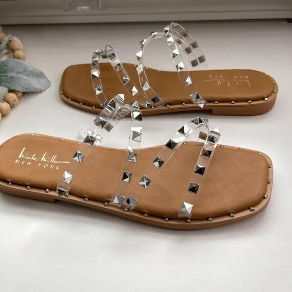 NWOT Nicole Miller Clear  Studded  Slides Sandals  8.5