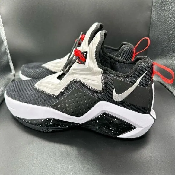 NWOT Nike Lebron soldier 14s black and white with red lace tab.