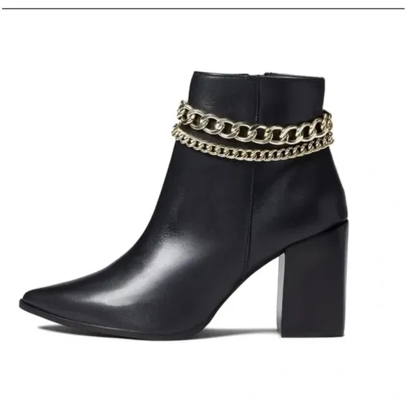 NWOT Steve Madden Perlina Black Gold Chain Detail Heeled Pointed Toe Booties