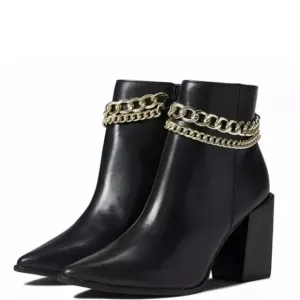 NWOT Steve Madden Perlina Black Gold Chain Detail Heeled Pointed Toe Booties