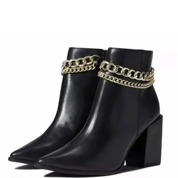 NWOT Steve Madden Perlina Black Gold Chain Detail Heeled Pointed Toe Booties
