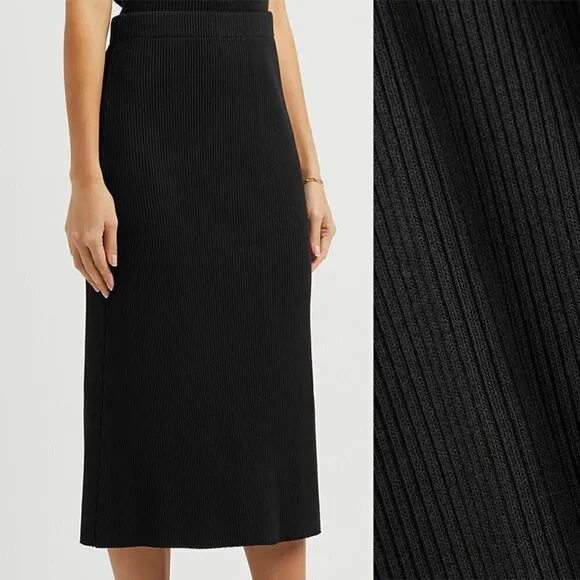 NWOT Vince Black Ribbed Knit Pull-On Midi Skirt Women's Medium