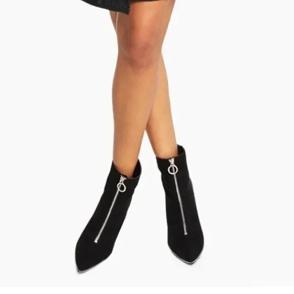 NWT BAR III Sz 9.5/10 Briget Black Suede High Heel Front Zip Ankle Boots Booties