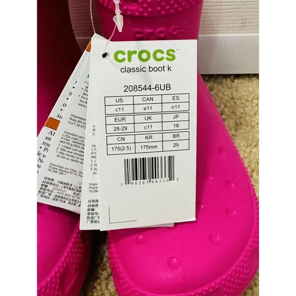 NWT Crocs Classic Rain Boots Pink Girls Sz C11