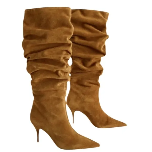 NWT Express Brian Atwood Collab Genuine Suede Knee-High Slouch Boots Cognac 8