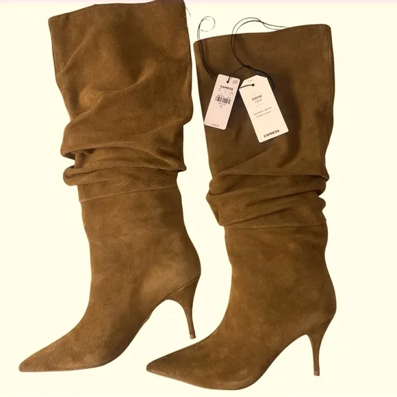 NWT Express Brian Atwood Collab Genuine Suede Knee-High Slouch Boots Cognac 8