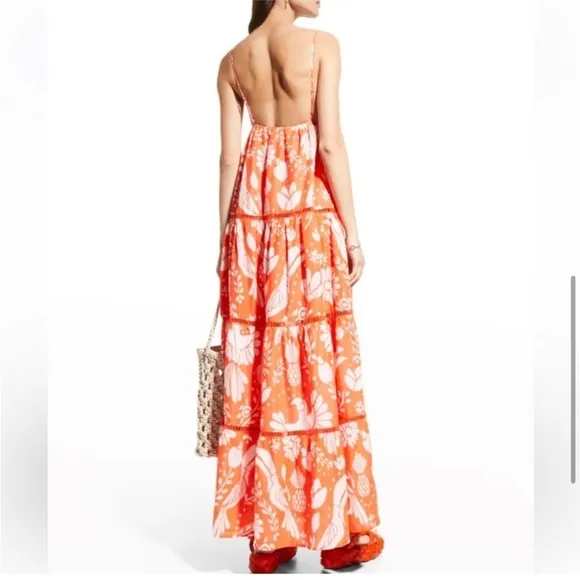NWT Farm Rio neon orange jungle tiered maxi - S