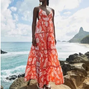 NWT Farm Rio neon orange jungle tiered maxi - S