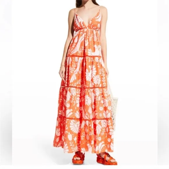NWT Farm Rio neon orange jungle tiered maxi - S