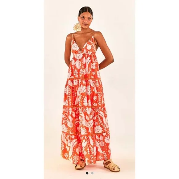 NWT Farm Rio neon orange jungle tiered maxi - S