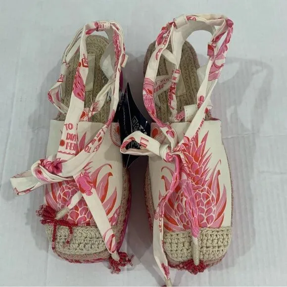 NWT Farm Rio Sandals Platform Sz 8 Pink Fruit Juice Espadrille Lace Up Ankle Tie