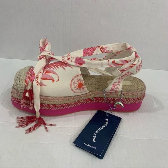 NWT Farm Rio Sandals Platform Sz 8 Pink Fruit Juice Espadrille Lace Up Ankle Tie