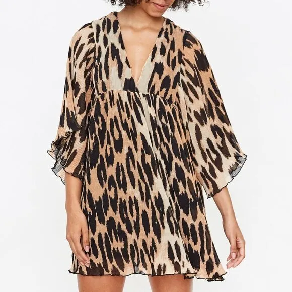 NWT GANNI Pleated Georgette Mini Dress in Maxi Leopard, Size XXS/XS