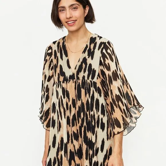 NWT GANNI Pleated Georgette Mini Dress in Maxi Leopard, Size XXS/XS