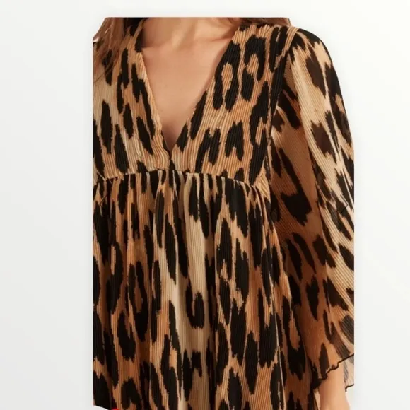 NWT GANNI Pleated Georgette Mini Dress in Maxi Leopard, Size XXS/XS