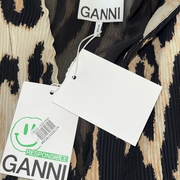 NWT GANNI Pleated Georgette Mini Dress in Maxi Leopard, Size XXS/XS