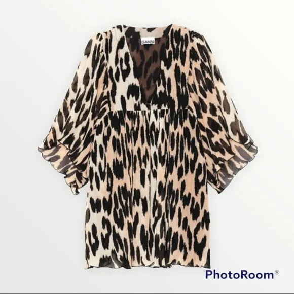 NWT GANNI Pleated Georgette Mini Dress in Maxi Leopard, Size XXS/XS