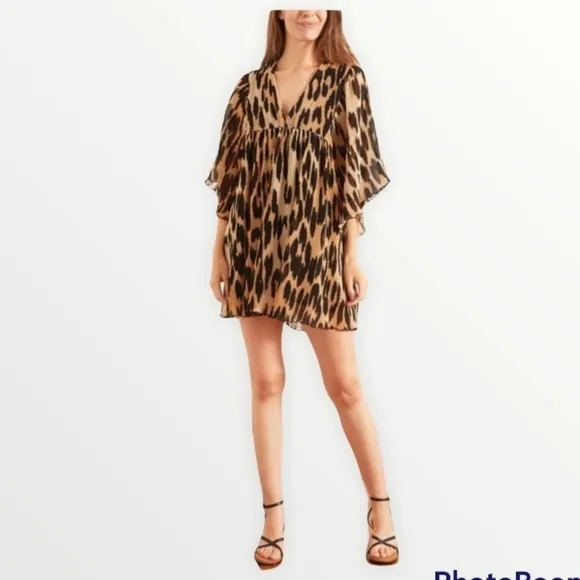 NWT GANNI Pleated Georgette Mini Dress in Maxi Leopard, Size XXS/XS