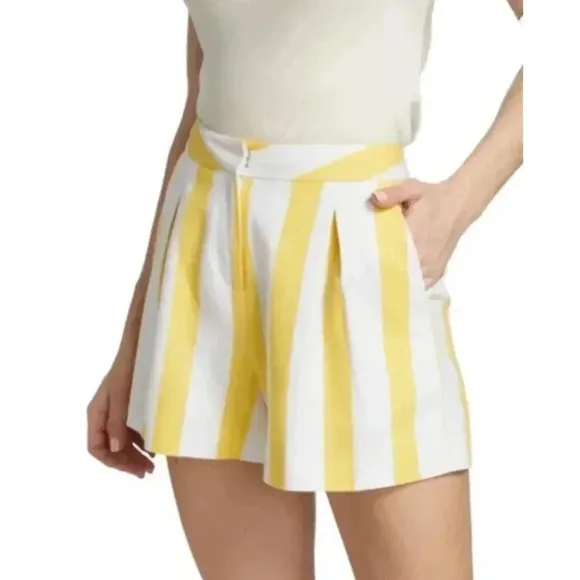 NWT L'Agence Vittoria Yellow &amp; White Stripe Pleated Shorts - Size 6