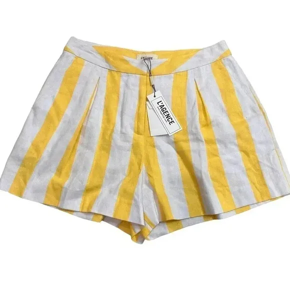 NWT L'Agence Vittoria Yellow &amp; White Stripe Pleated Shorts - Size 6