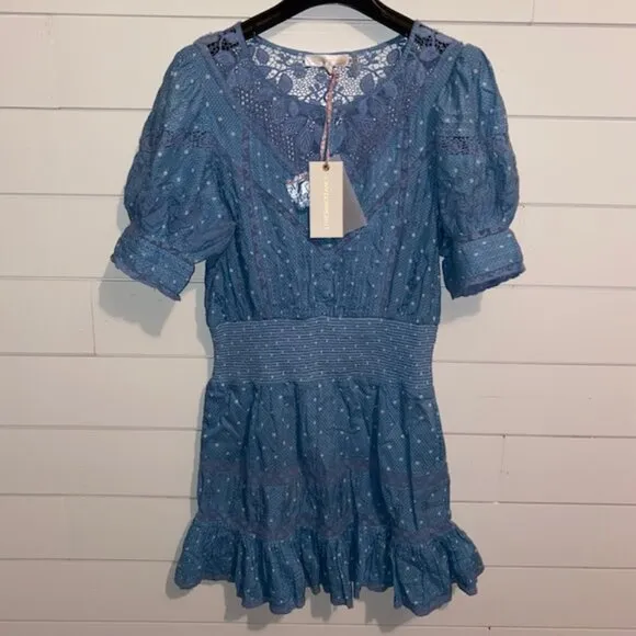 NWT LoveShackFancy Jaislyn blue Cotton Mini Dress - Women's Medium Puff Sleeves
