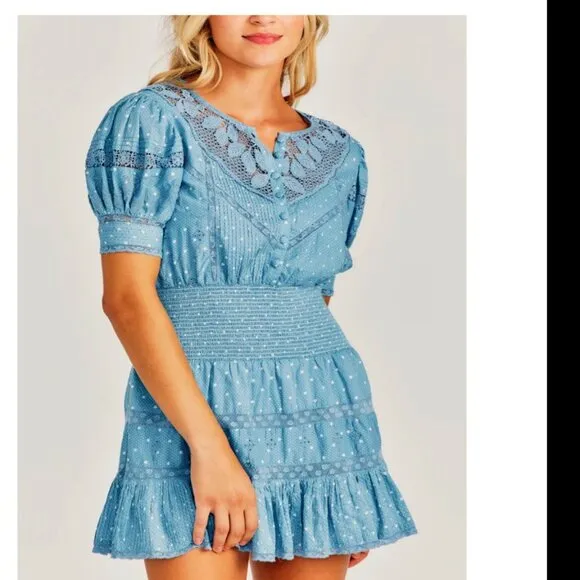 NWT LoveShackFancy Jaislyn blue Cotton Mini Dress - Women's Medium Puff Sleeves