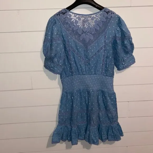 NWT LoveShackFancy Jaislyn blue Cotton Mini Dress - Women's Medium Puff Sleeves