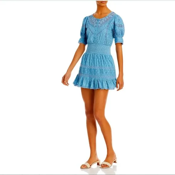 NWT LoveShackFancy Jaislyn blue Cotton Mini Dress - Women's Medium Puff Sleeves