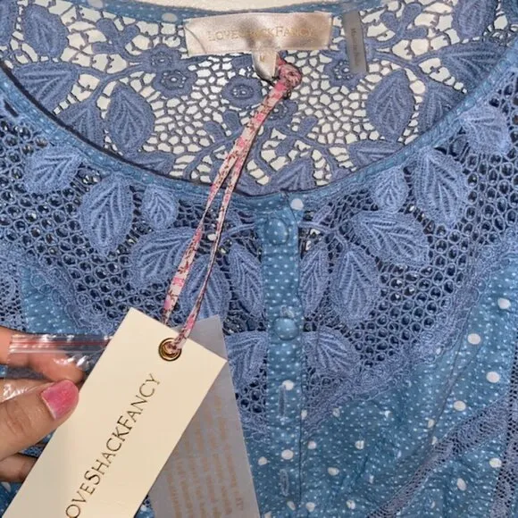 NWT LoveShackFancy Jaislyn blue Cotton Mini Dress - Women's Medium Puff Sleeves