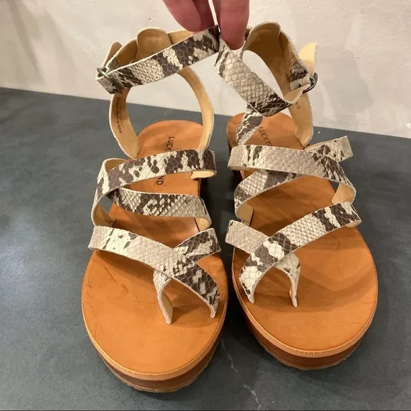 NWT Lucky Brand Huneey sz 8.5 snakeprint leather wedge sandals