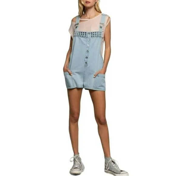 NWT POL Denim Studded Overall Side Pockets Shorts