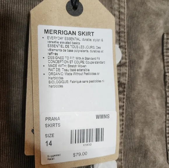 NWT Prana Corduroy Merrigan Skirt Women's size 14 Tan Mud Organic Cotton