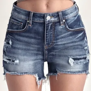 NWT RISEN Dark Wash Mid Rise Distressed Raw Hem Denim Shorts