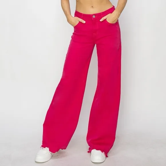 NWT RISEN PLUS   REG Size 90s Hot Pink High Rise Wide Leg Jeans