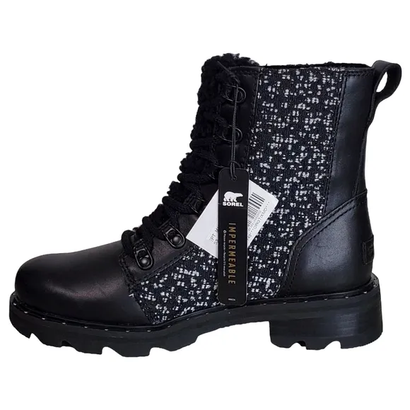 NWT Sorel lennox 5.5 lace up waterproof leather ankle combat boots black winter