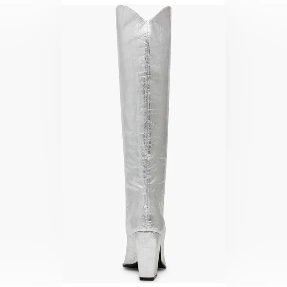 NWT Steve Madden Croft silver foil pointed toe knee high boots, sz 8.